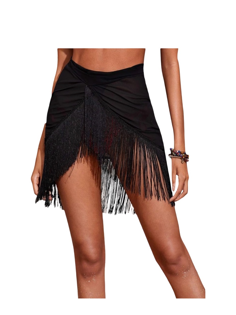 Women's Black Mini Fringe Hem Swim Coverup Skirt M NWOT